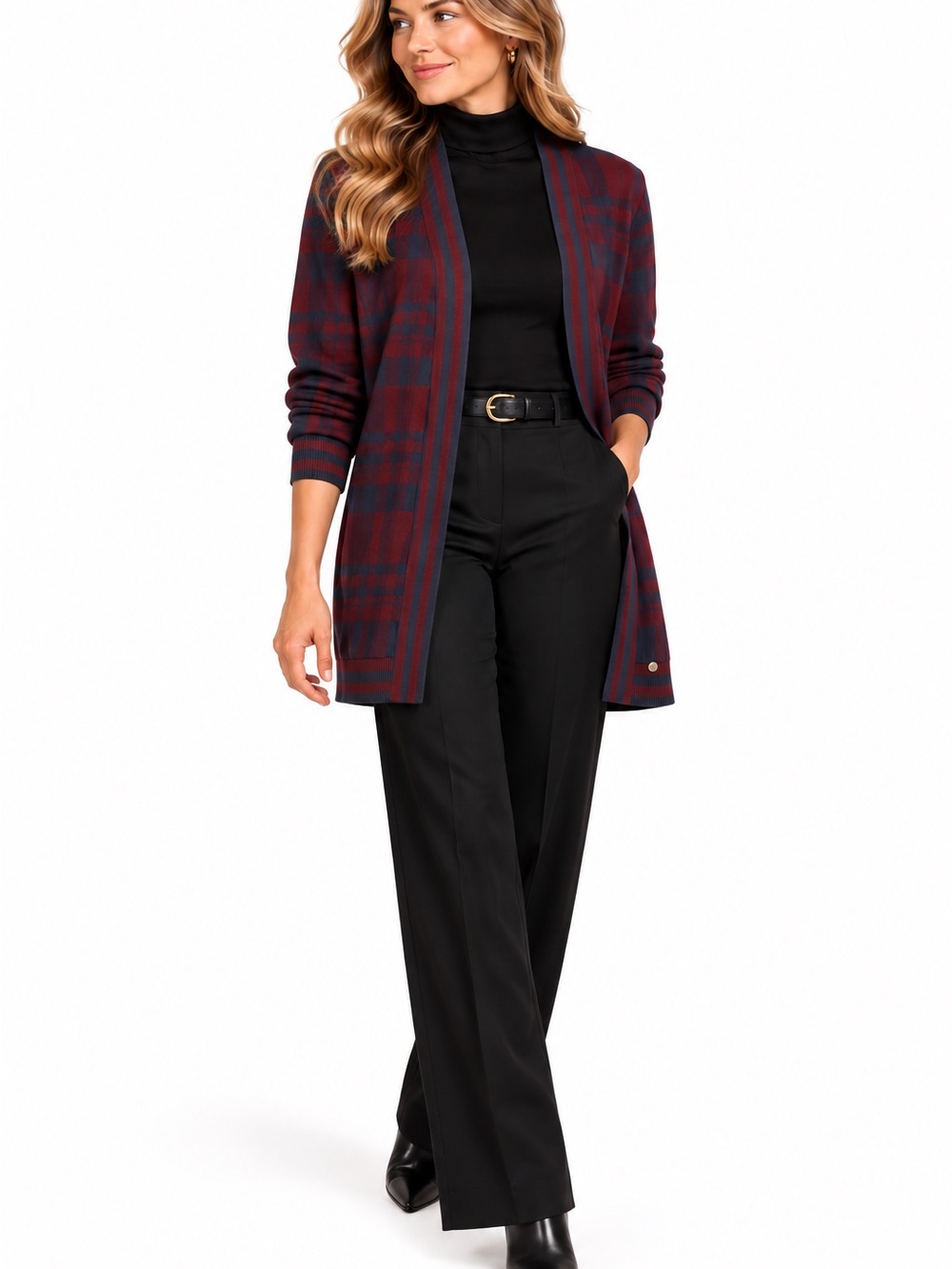 Ted Baker London Plaid Longline Cardigan Burgundy Navy Size Large